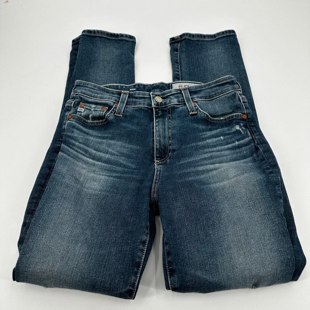 AG Adriano Goldschmied Mari High Rise Straight Jeans Distressed Blue 27R